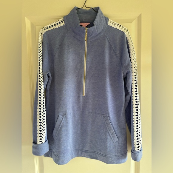 Lilly Pulitzer Tops - Lilly Pulitzer Powder Blue Half-Zip Pullover with White Crochet Trim